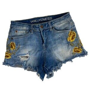 Vanilla Star Mid Rise Shortie Womens Jean Shorts Size 1 Embroidered Distressed